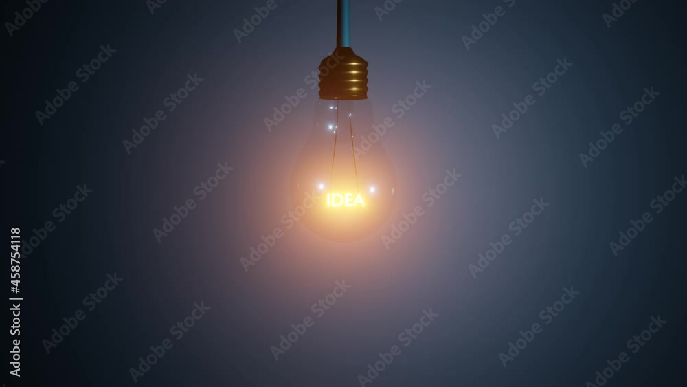 IDEA text inside of hanging and glowing 3D light bulb concept rendering animation. Loop of tungsten light bulb with idea text inside.
