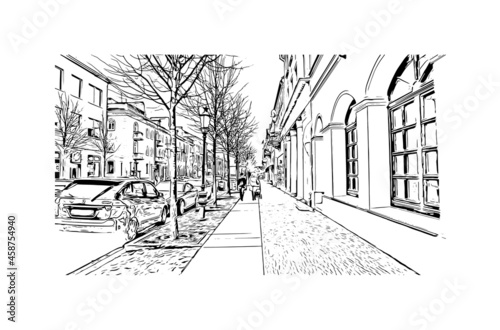 Building view with landmark of Klaipeda is a port city in Lithuania. Hand drawn sketch illustration in vector.