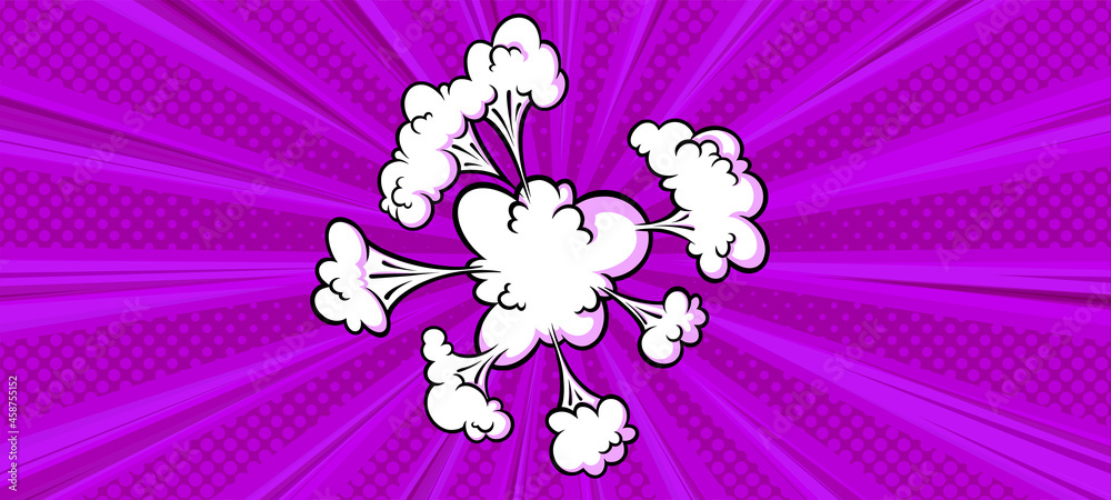 Surprising boom cloud in halftone background for sales and promotions. Purple banner template for surprises and bursting events. Vector illustration in pop art style