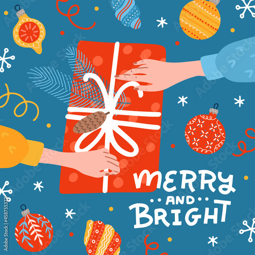 Two hands holding and unpacking decorated gift box. Christmas present. Top view concept. Christmas time greeting card. Secret santa. Preparing for Christmas. Wrapping boxes. Flat vector illustration.