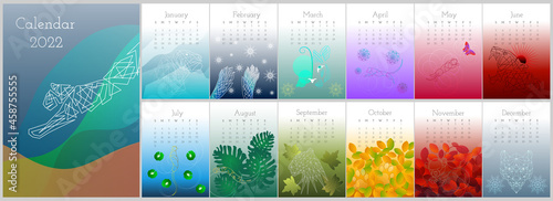 Vector vertical calendar 2022. Week starts in Sunday. Set of 12 pages and cover with symbol of the year tiger with geometric shapes, circles, lines, triangles and golden ratio