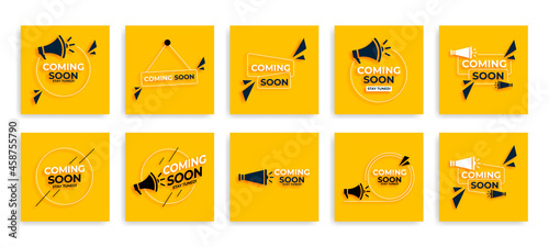 Coming soon with megaphone design. Vector illustration on yellow background photo