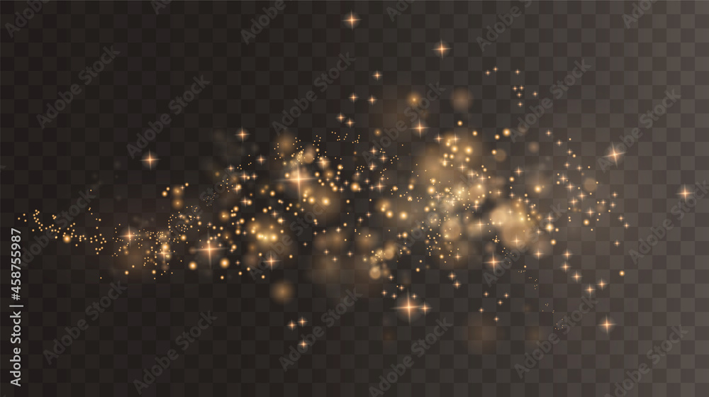 Christmas background. Powder PNG. Magic shining gold dust. Fine, shiny dust bokeh particles fall off slightly. Fantastic shimmer effect.