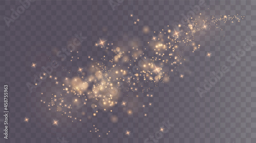 Christmas background. Powder PNG. Magic shining gold dust. Fine, shiny dust bokeh particles fall off slightly. Fantastic shimmer effect.