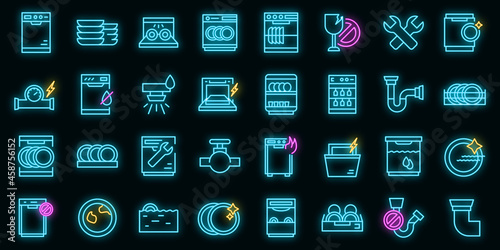 Repair dishwasher icons set. Outline set of repair dishwasher vector icons neon color on black