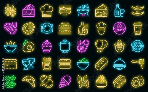 French cuisine icons set. Outline set of french cuisine vector icons neon color on black