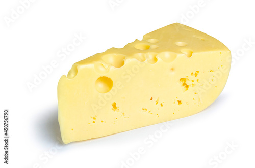 Cheese with holes in hand on white background isolation