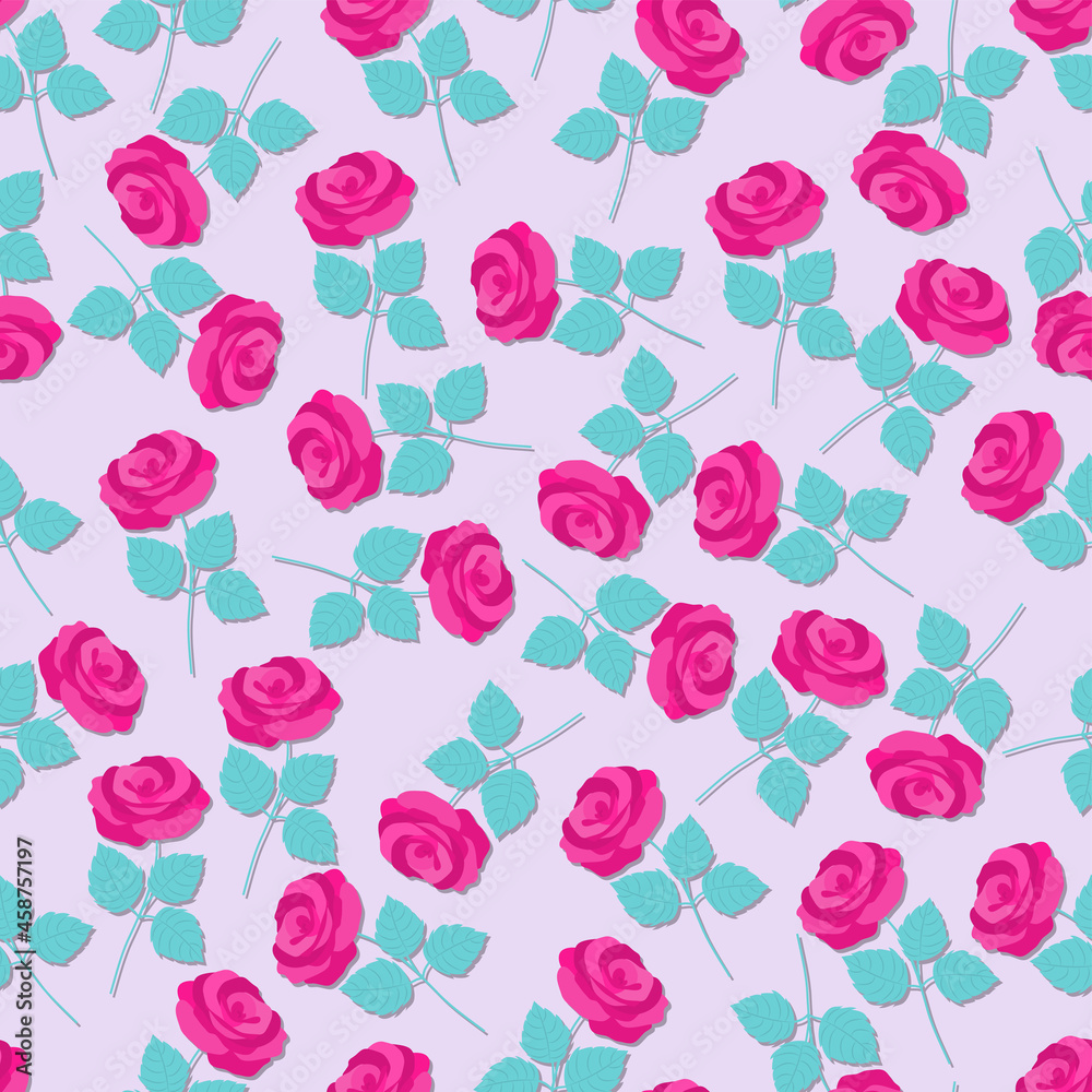 Seamless pattern of pink flowers roses and leaves. flat vector illustration.