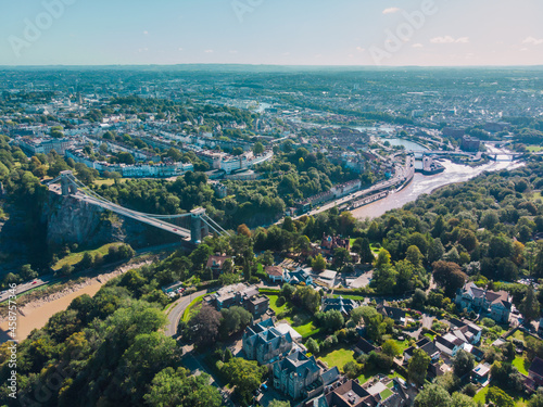 Aerial drone shot of Clifton Suspension Bridge  Bristol city and River Avon on sunny summer s day