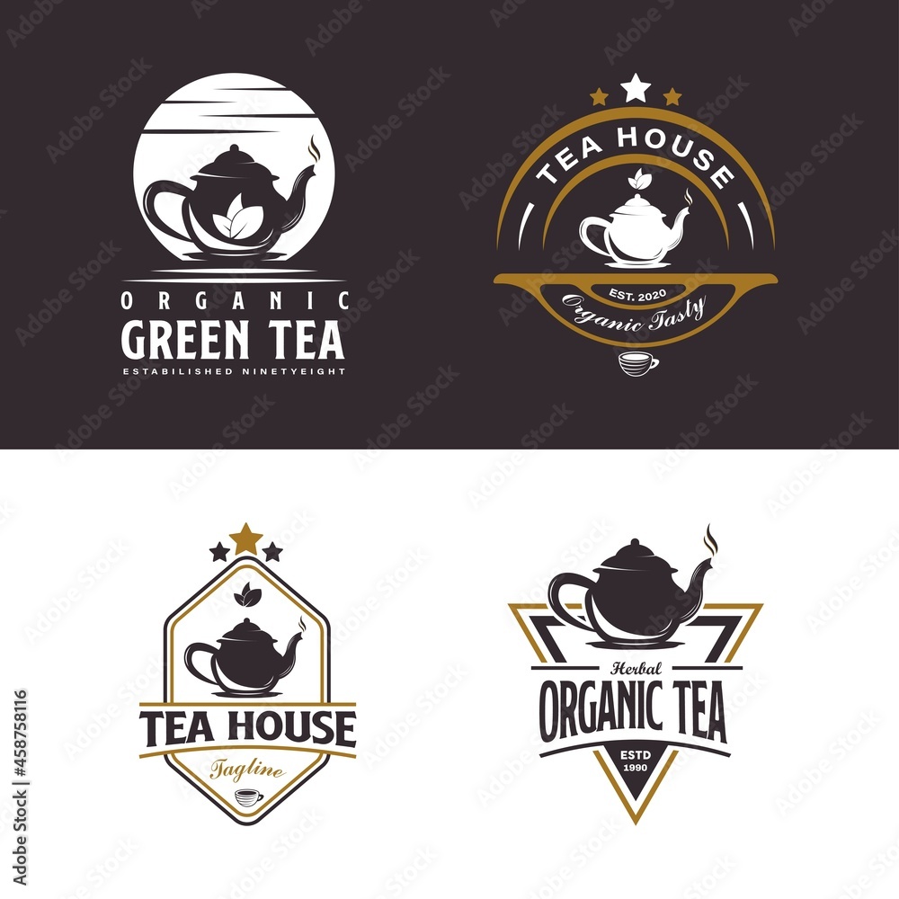 Set of Vintage Teapot Logo. With tea leaf, cup, oolong, herb, and stars icon. Retro, premium, and luxury logo template.