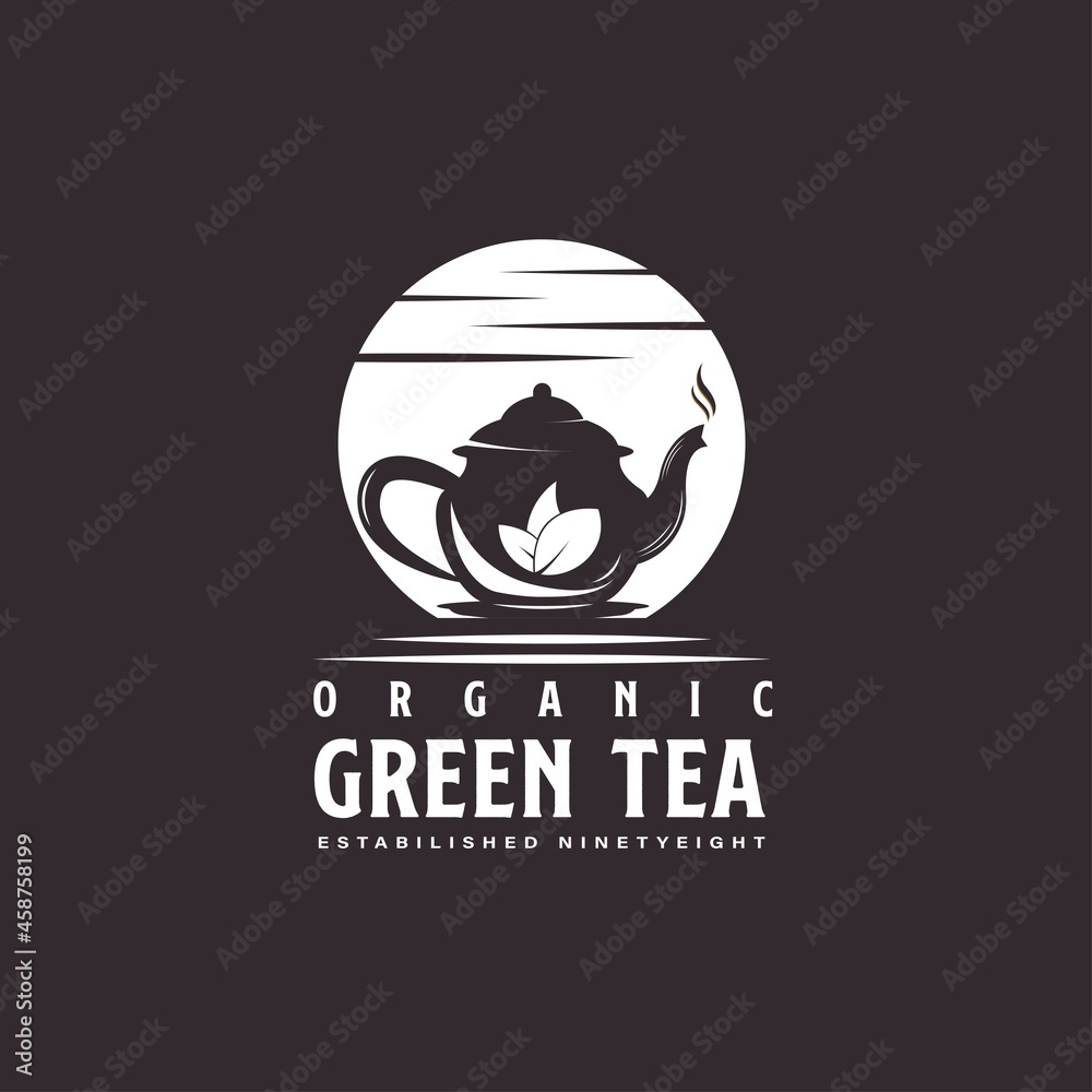 Vintage Teapot Logo. With tea leaf, cup, oolong, herb, and stars icon. Retro, premium, and luxury logo template.