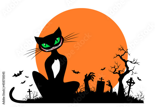 Black cat against the background of a full moon with bats and graveyard with zombie hands. Halloween elements for decoration of flyer, invitation, greeting card. Vector on transparent background