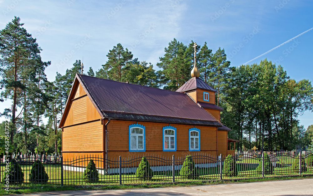 General view and architectural details of the temple of the Eastern Church of the Old Believers, built in 1948, called Molenna in the town of Gabowe Grady in Podlasie, Poland.
