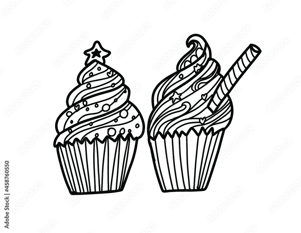 Tasty ice cream and muffin coloring page. Hand drawn line art illustration