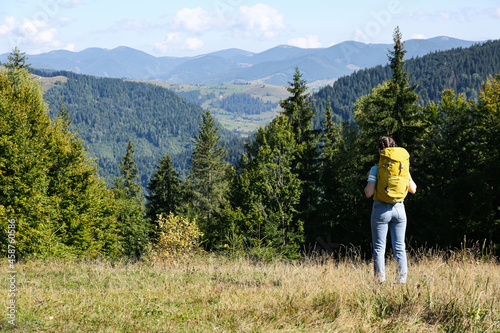 Tourist with backpack enjoying mountain landscape on sunny day, back view