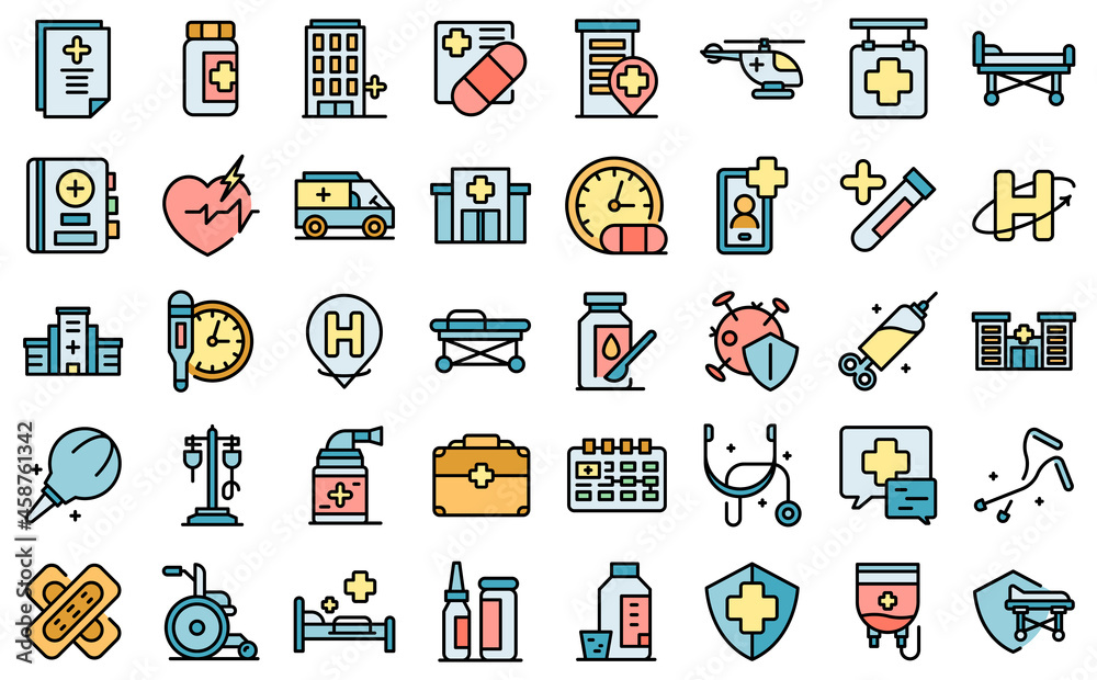 Fototapeta premium Hospitalization icons set outline vector. Medical health. Bed insurance