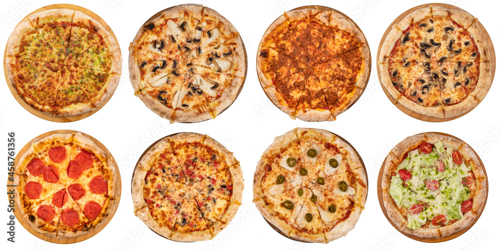 Set of eight different pizzas on white isolated background Set of eight different pizzas on white isolated background