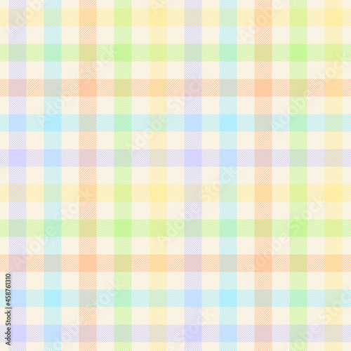 Gingham plaid pattern in colorful pastel blue, orange, purple, yellow, green, beige. Seamless light tartan check graphic vector for tablecloth, picnic blanket, oilcloth, other spring summer textile.