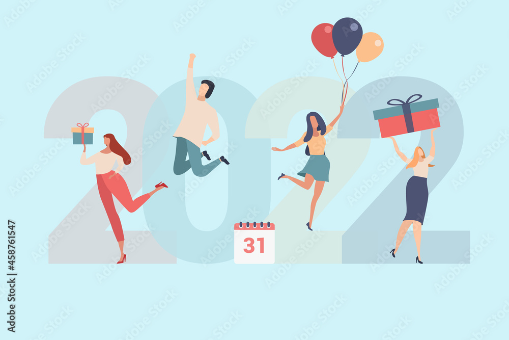 Happy people greet the new year. Vector illustration in a flat style. Young people celebrate  merry christmas