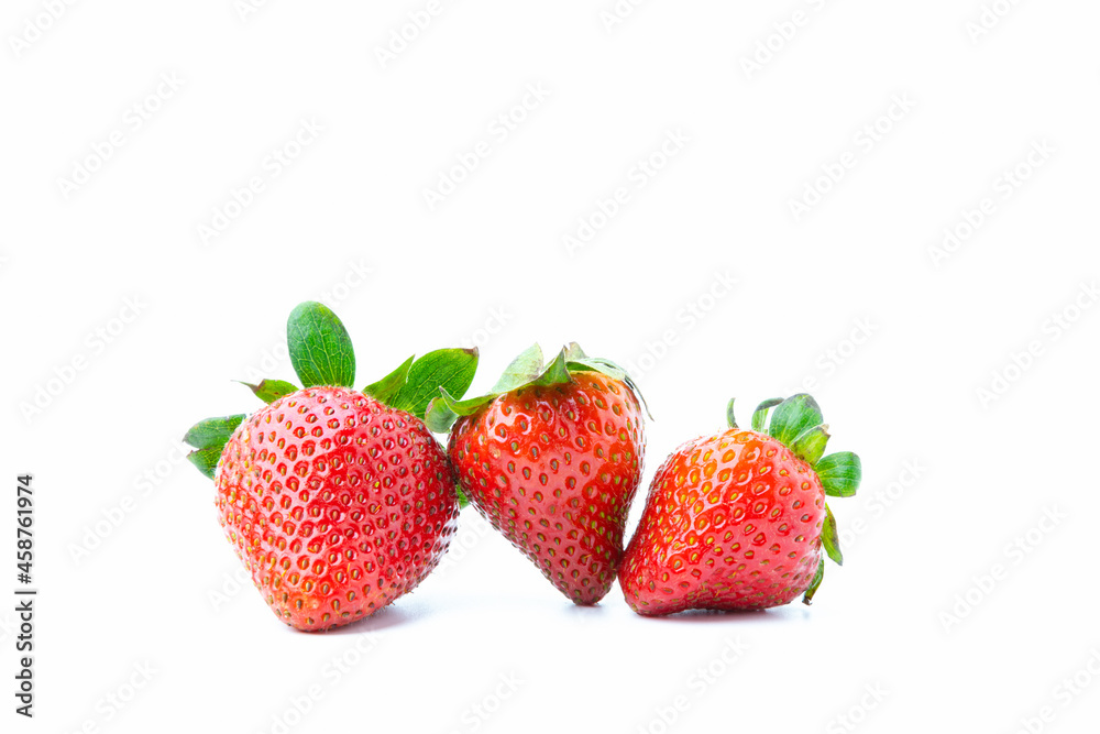 Fresh red ripe strawberries isolated on white background with copy space. Fruit have high vitamins. Fresh red ripe strawberries isolated on white background with copy space. Fruit have high vitamins.
