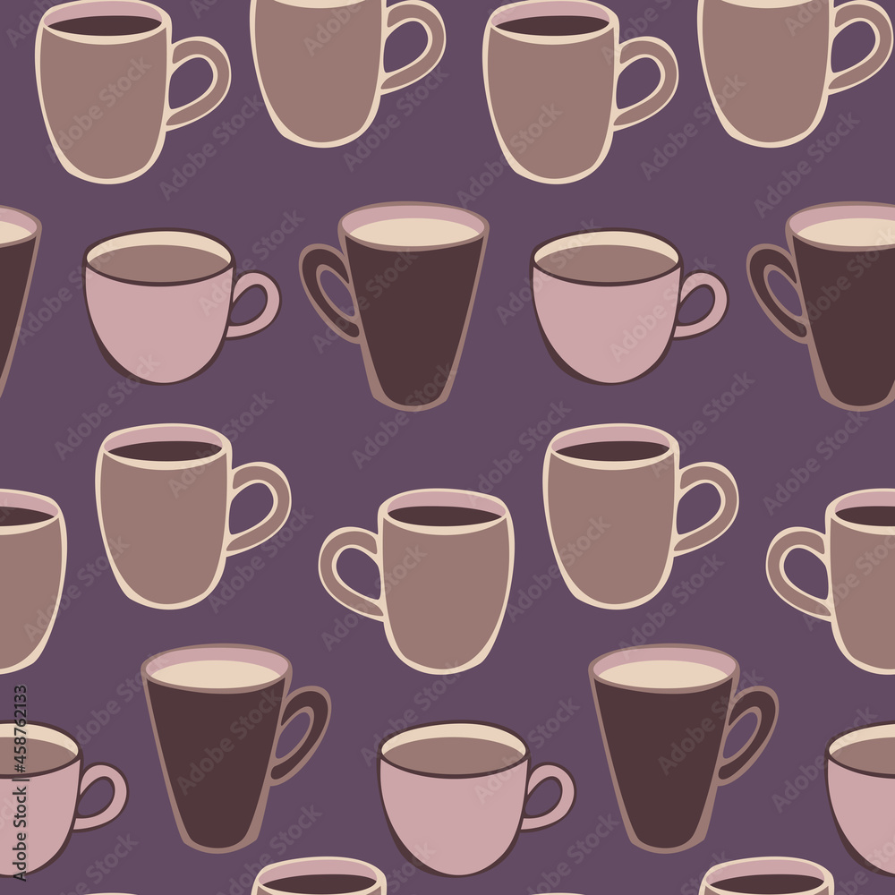 Vector seamless pattern with different shapes cups and mugs. Cups with coffee and cocoa. Vector seamless pattern with different shapes cups and mugs. Cups with coffee and cocoa.