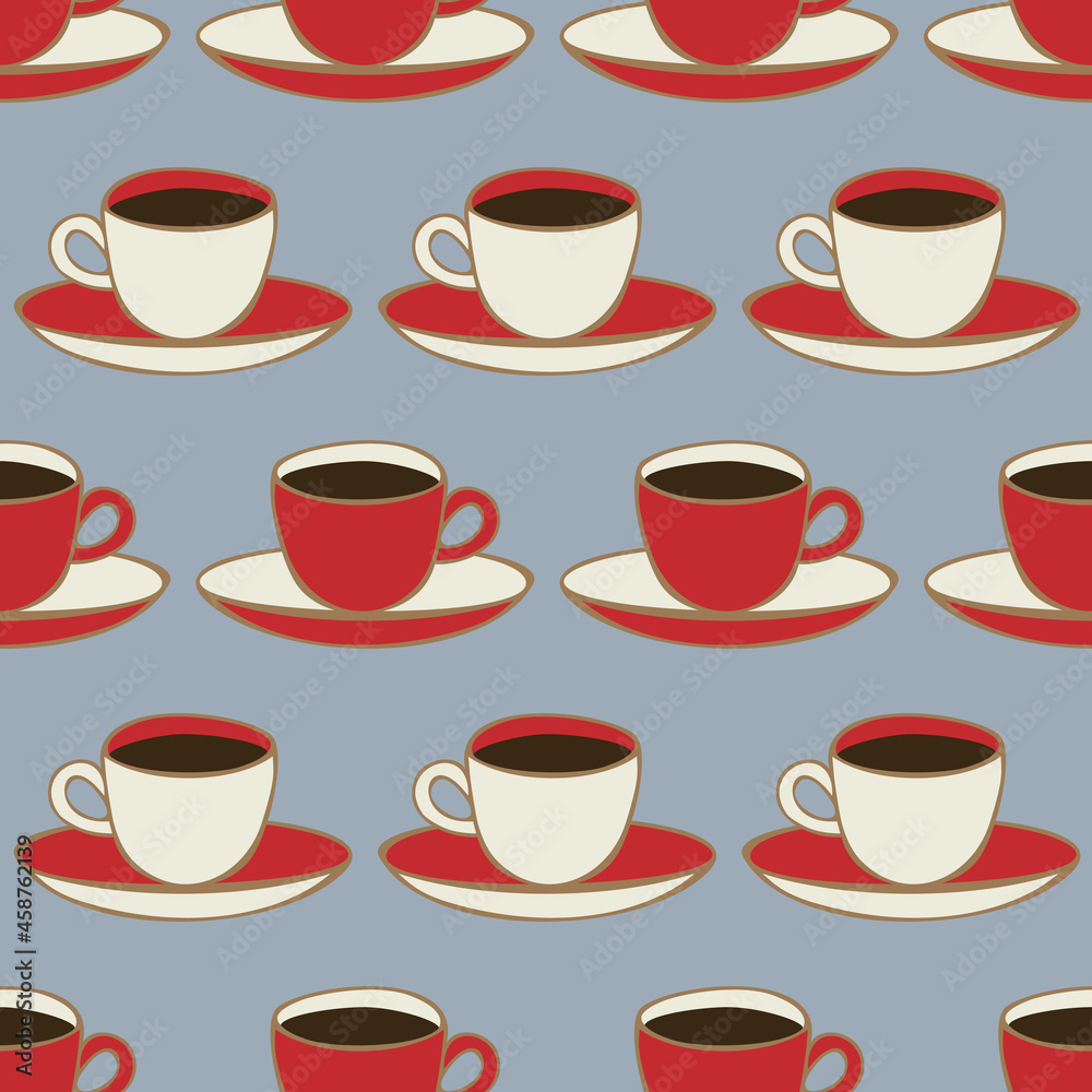 Vector seamless pattern with coffee cups and saucers. Bright design with hand drawn elements. Vector seamless pattern with coffee cups and saucers. Bright design with hand drawn elements.