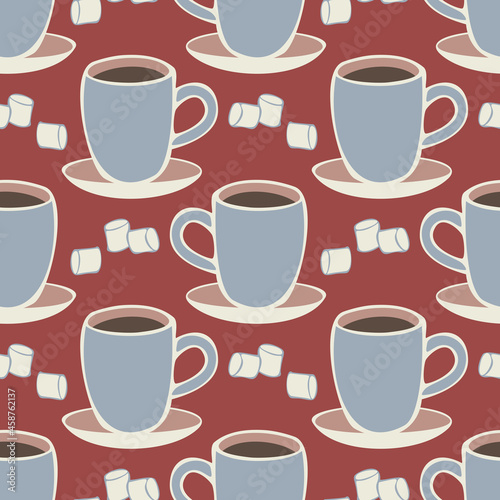 Vector seamless pattern with mugs with hot chocolate and marshmallow. Design with hand drawn cups and saucers.