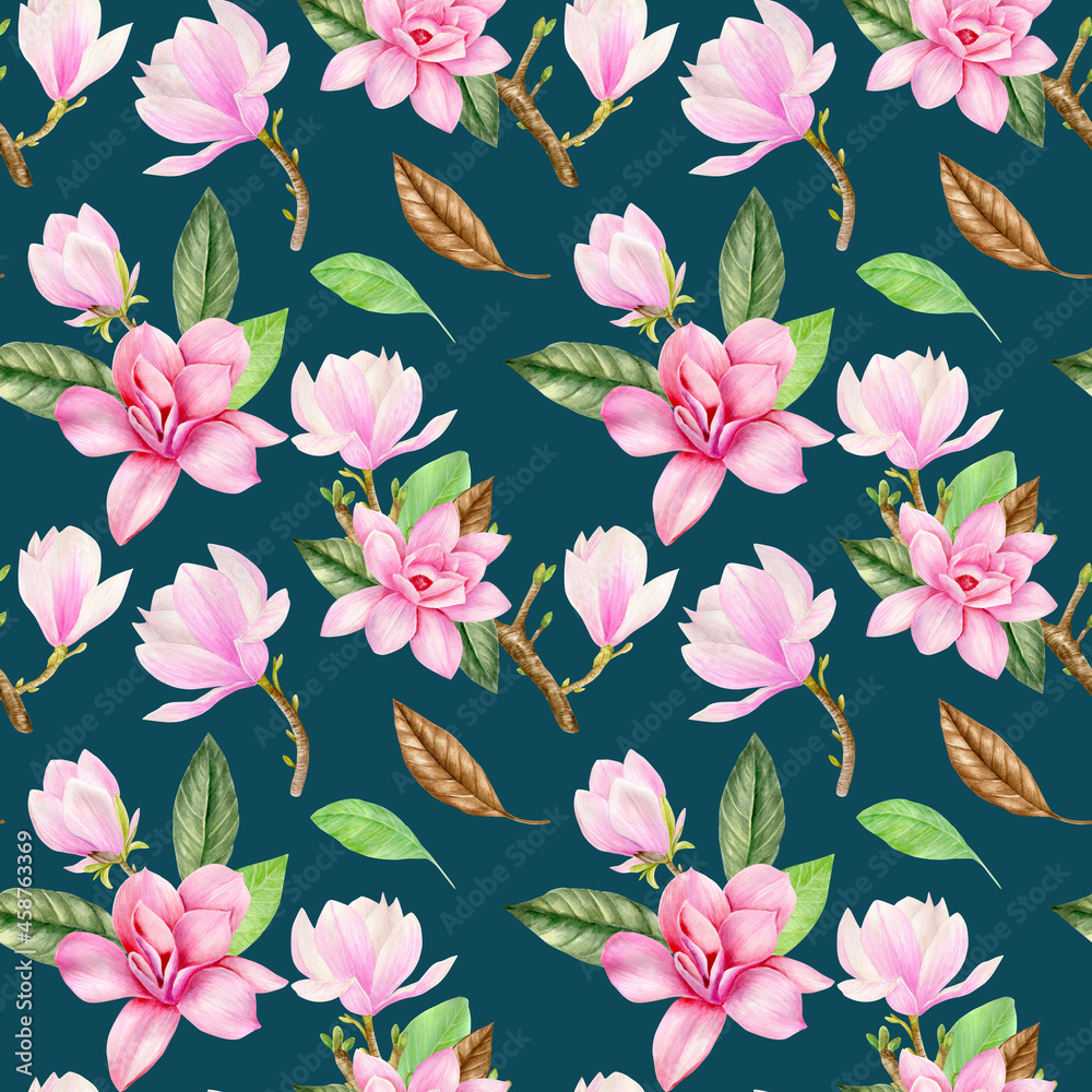 Watercolor seamless pattern with pink magnolia flowers on dark blue 
background