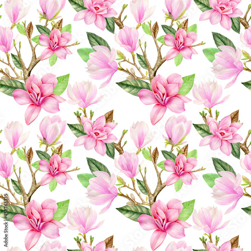 Watercolor seamless pattern with pink magnolia flowers on white background