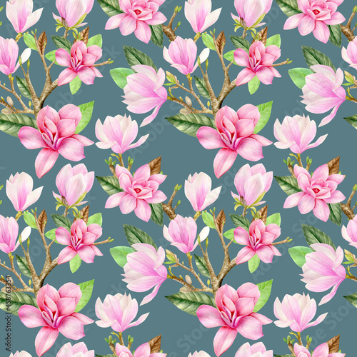 Watercolor seamless pattern with pink magnolia flowers on blue  background