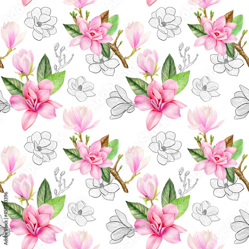 Watercolor seamless pattern with pink magnolia flowers on white background © Svetlana