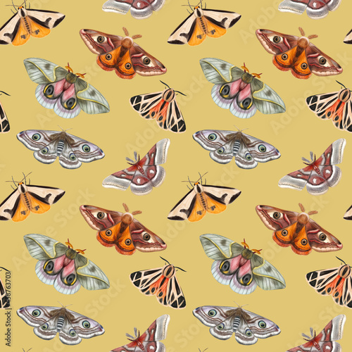 Watercolor seamless pattern with hand drawn butterflies, moth. Beige-yellow background