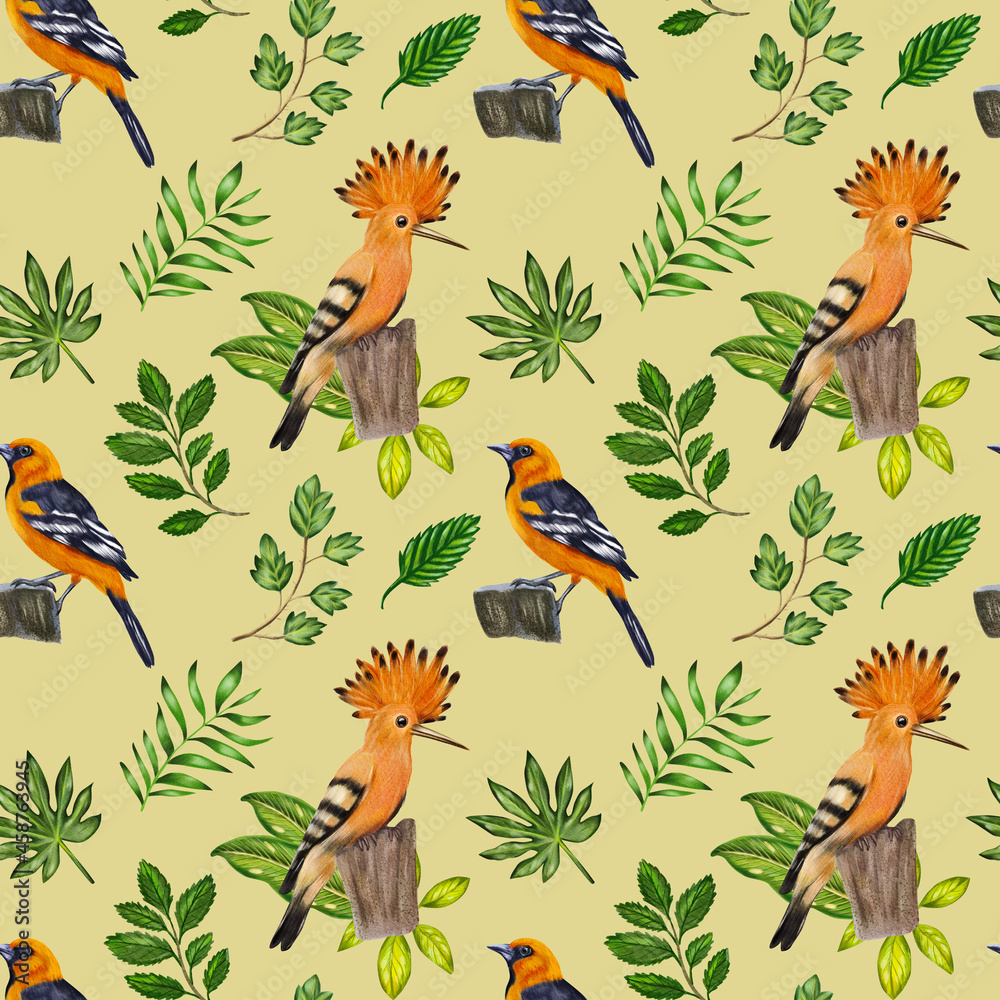Watercolor seamless pattern with birds and leaves. Hand drawn graphics for wrapping papper, fabric, textile, gift ideas, scrapbooking.
