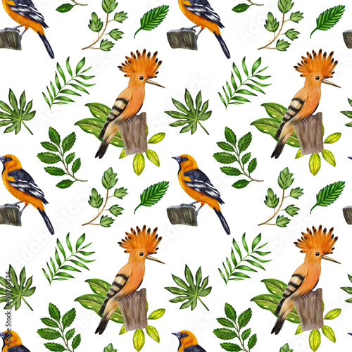 Watercolor seamless pattern with birds and leaves. Hand drawn graphics for wrapping papper  fabric  textile  gift ideas  scrapbooking.
