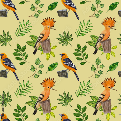 Watercolor seamless pattern with birds and leaves. Hand drawn graphics for wrapping papper, fabric, textile, gift ideas, scrapbooking. © Svetlana