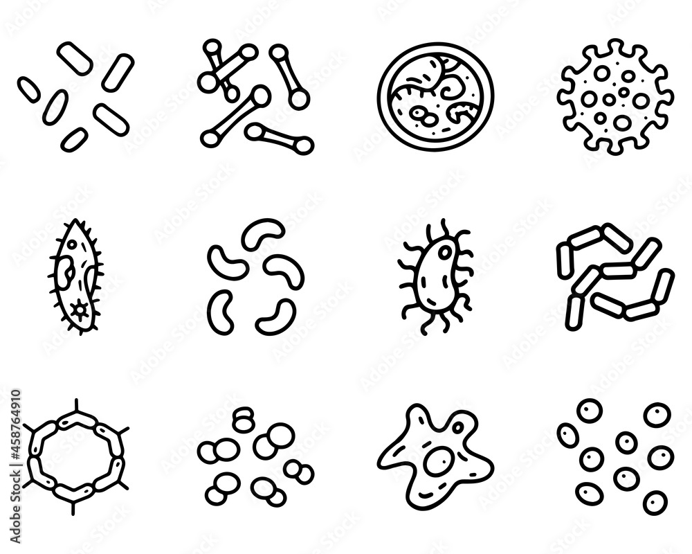 Bacteria and viruses line vector doodle simple icon set