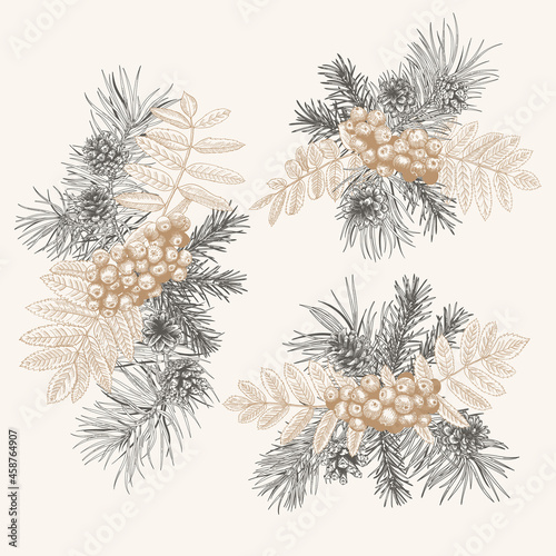Set of christmas bouquets with conifers and rowan. Vintage compositions. Logo with spruce, pine and mountain ash. Vector botanical illustration. Engraving style. Black and White and golden background.