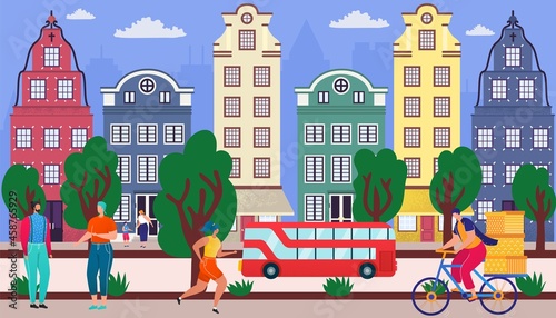 City road, town street with house, vector illustration. Flat man woman charac...