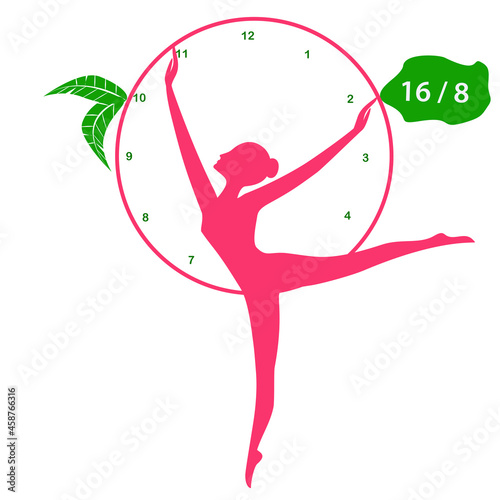 Diet concept -16 to 8 - girl with hoop, watch, - vector. Intermittent fasting