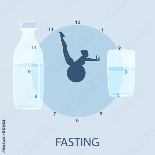 Girl on a gymnastic ball. Diet concept -16 by 8 - clock - vector. Intermittent fasting.