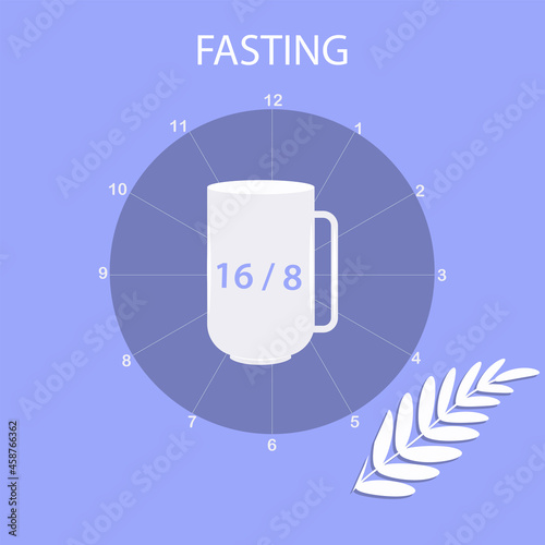 Diet concept -16 by 8 - clock, mug - vector. Intermittent fasting.