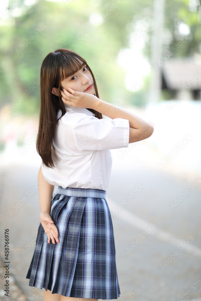 beautiful asian japanese school girl uniform looking at park outdoor beautiful asian japanese school girl uniform looking at park outdoor