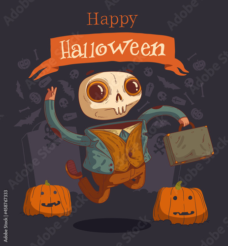 Floating clerk skeleton with a briefcase among the pumpkins against a background of Halloween symbols