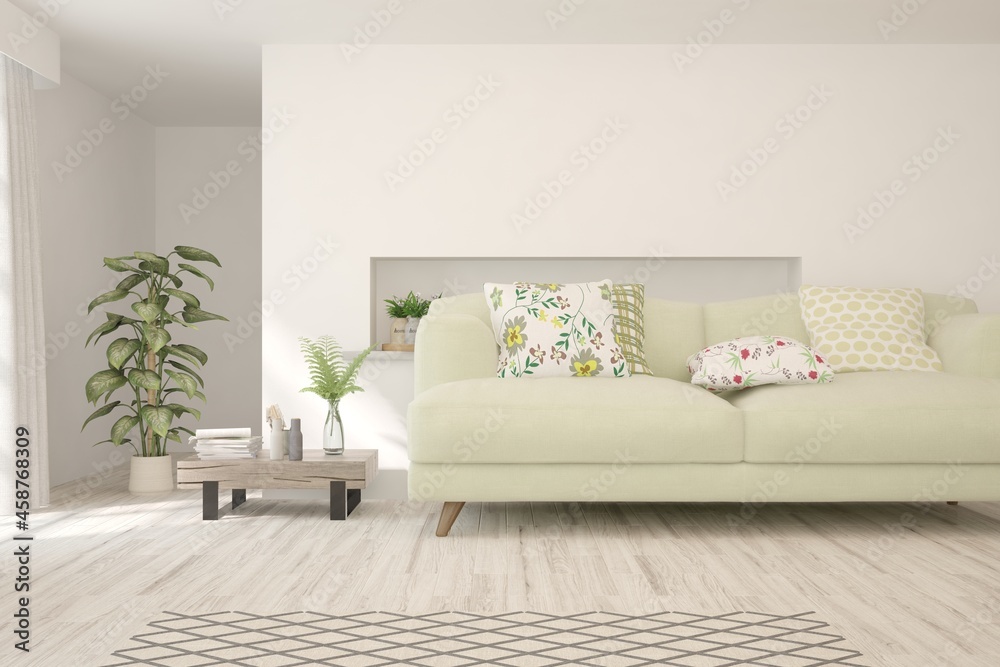 Fototapeta premium White living room with sofa. Scandinavian interior design. 3D illustration
