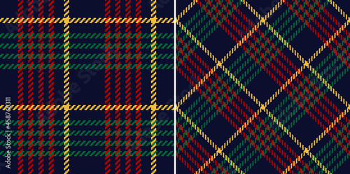 Check pattern for Christmas design in red, green, yellow, navy blue. Seamless asymmetric multicolored dark tartan check plaid for scarf, blanket, skirt, other modern winter fashion fabric print.