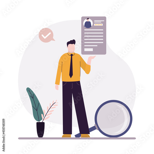 Employeе posts resume to find job. Searching work. Male worker holding and posting summary with rating. Recruitment staff and cv resume concept