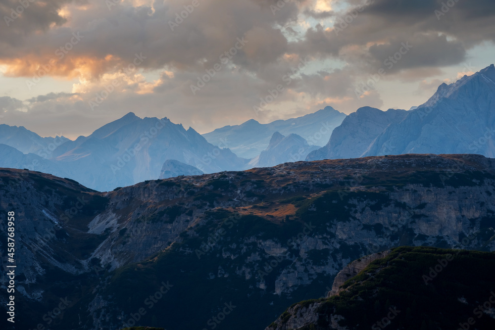 Sunset at Tre Cime di Lavaredo (Drei Zinnen) and rifugio Locatelli , Dolomites, South Tyrol