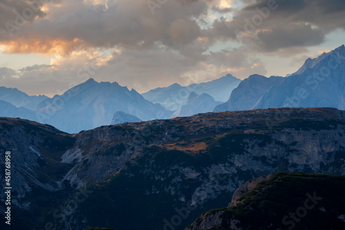 Sunset at Tre Cime di Lavaredo (Drei Zinnen) and rifugio Locatelli , Dolomites, South Tyrol