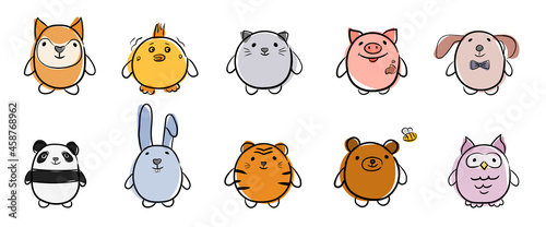 Color doodles of cute animals. Vector illustration in a linear style. Doodles of cute animals - tiger, fox, bear, panda, chicken, owl, pig, rabbit. Cute design for children's books and coloring pages 