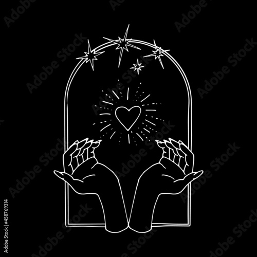 Vintage Mystic hands and shining heart inside arch with stars Illustration
